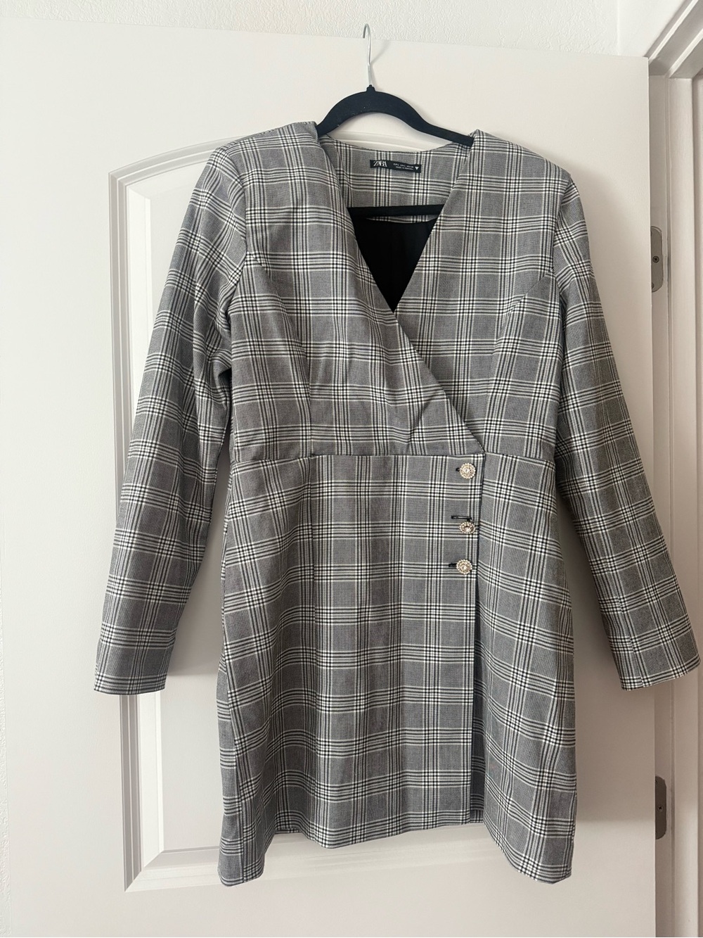 Zara Gray Plaid Long Sleeve Wrap Dress